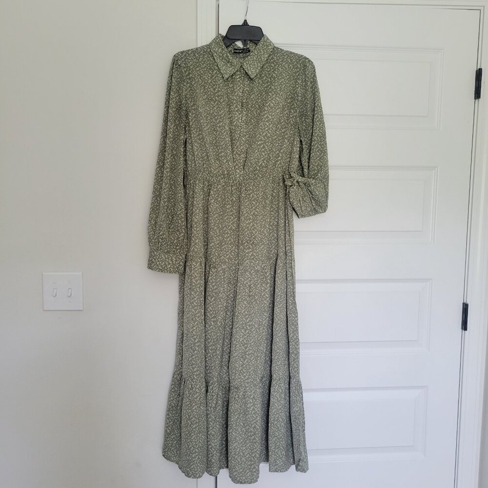 Shein Long Sleeve Maxi Dress Prairie Tiers Belt Green Floral sz L US 8/10 Cute - Picture 3 of 11